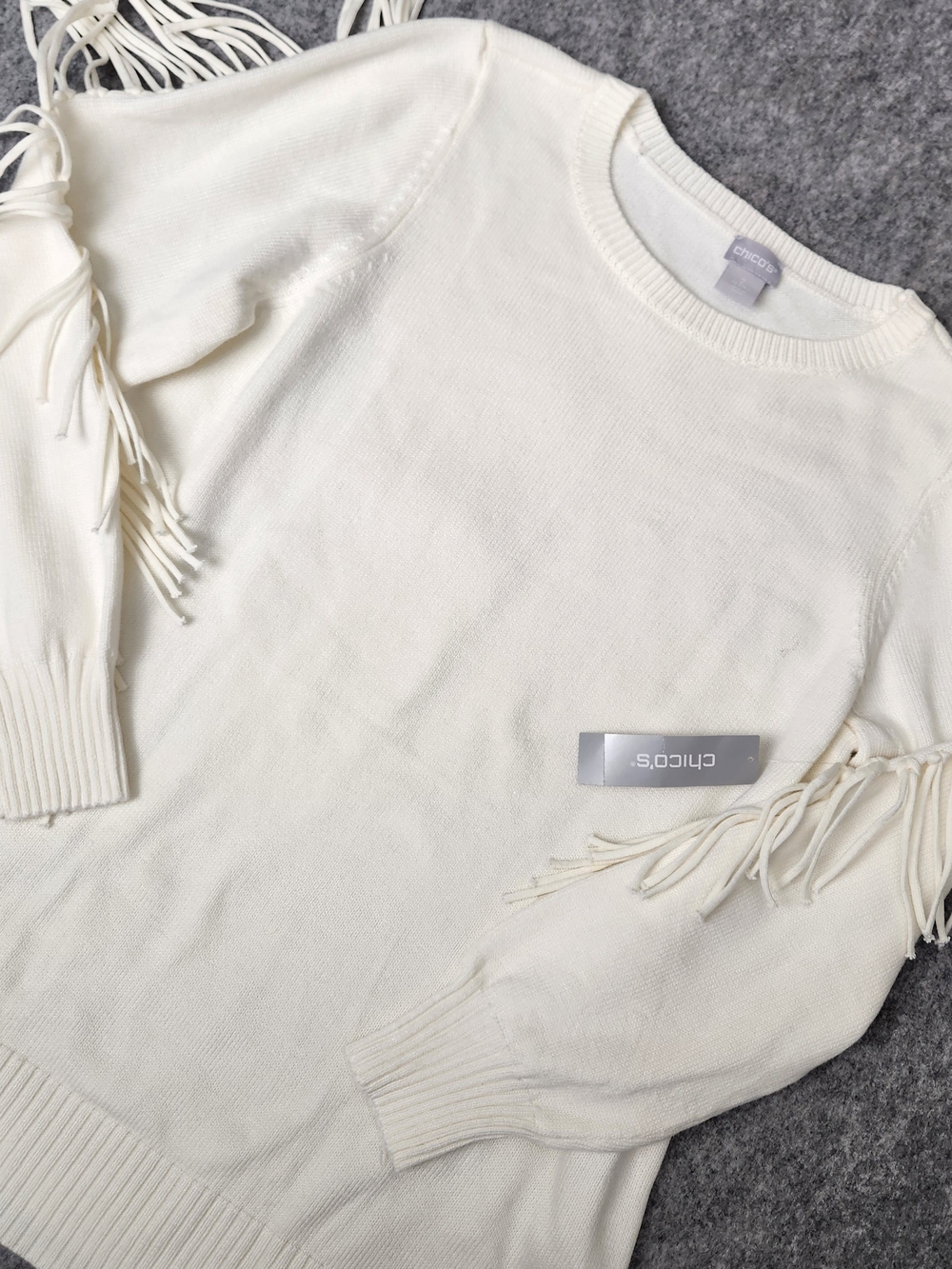 NWT Chico’s Fringe Sleeve Pullover Sweater Women's L Beige Western Winter Knit